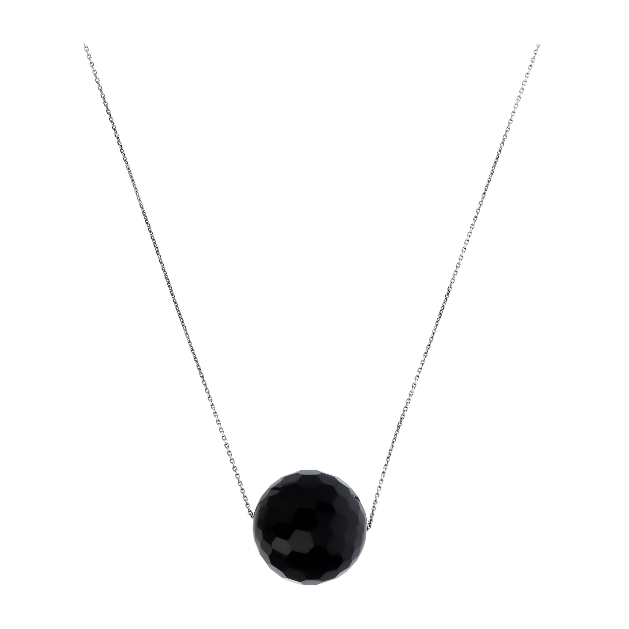 Collana Catena Rolo con Pendente Sferico in Pietra Naturale Onice Nero in Argento 925 placcato Rodio