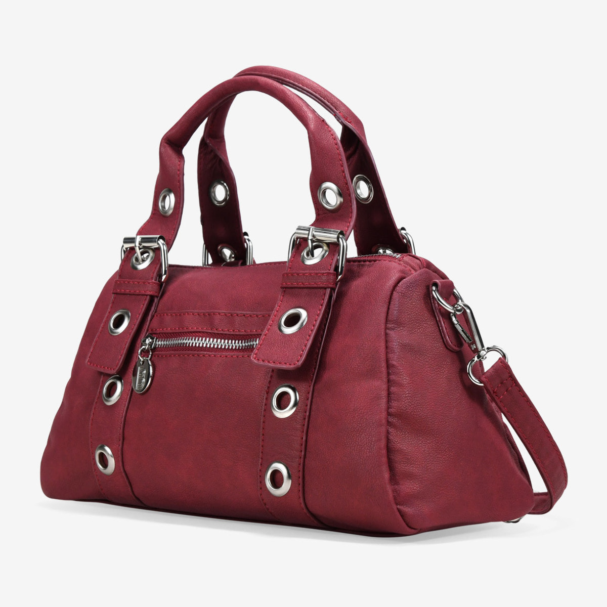 Bolso de mano burdeos con hebillas y tachuelas redondas