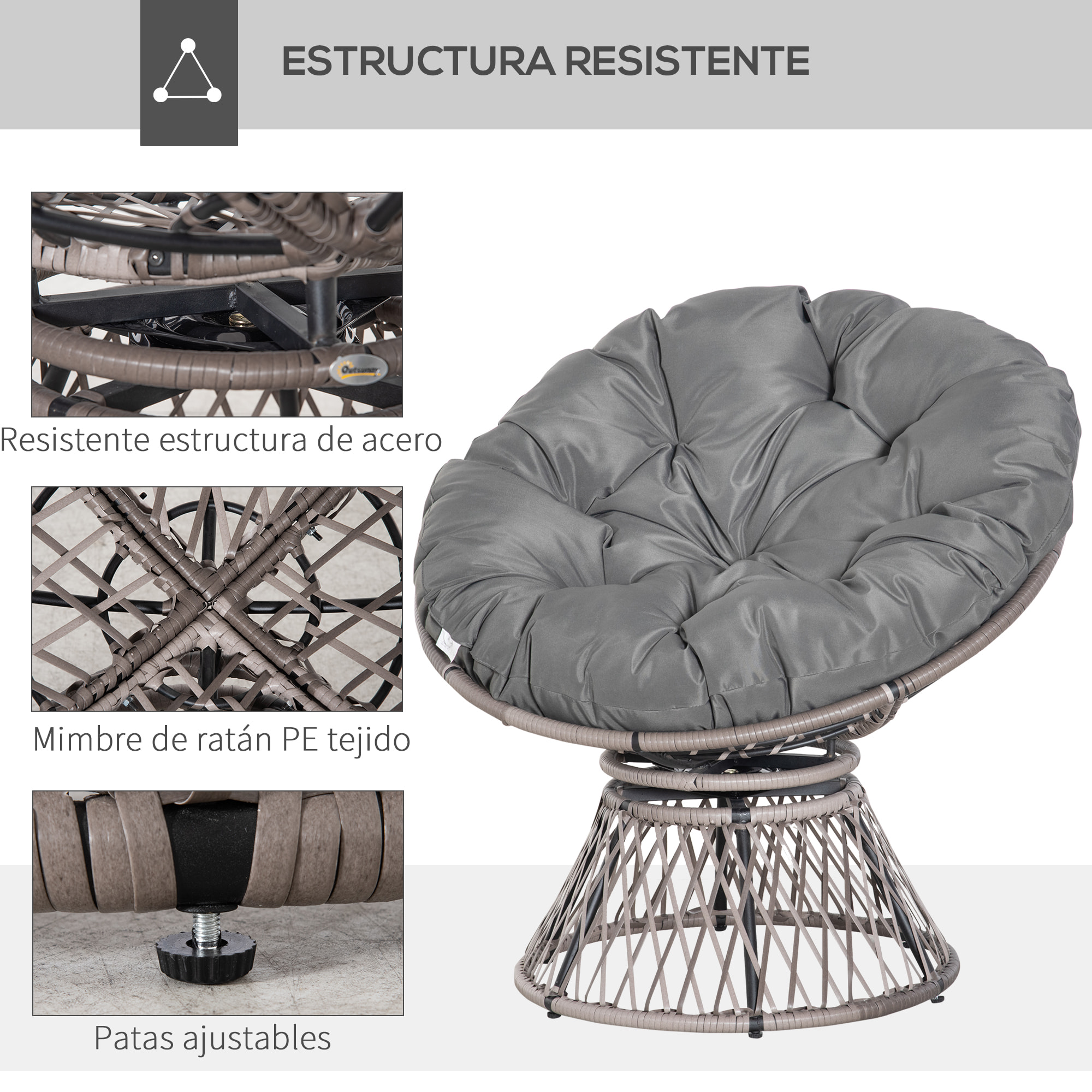 Sillón Papasan Giratorio de Ratán Sintético Silla Ovalada de Mimbre PE con Cojín y Marco de Acero Carga 160 kg para Jardín Patio Terraza 87x97x86 cm Gris