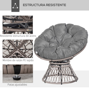 Sillón Papasan Giratorio de Ratán Sintético Silla Ovalada de Mimbre PE con Cojín y Marco de Acero Carga 160 kg para Jardín Patio Terraza 87x97x86 cm Gris