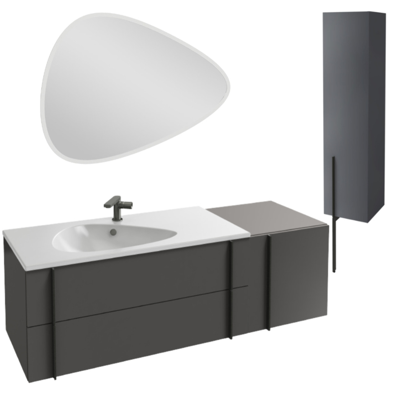 Meuble de salle de bain 145 cm Nouvelle Vague gris brillant + tiroir rack + colonne version droite + miroir