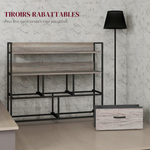 Commode style industriel - 5 tiroirs, 2 étagères - acier noir MDF non tissé effet bois gris