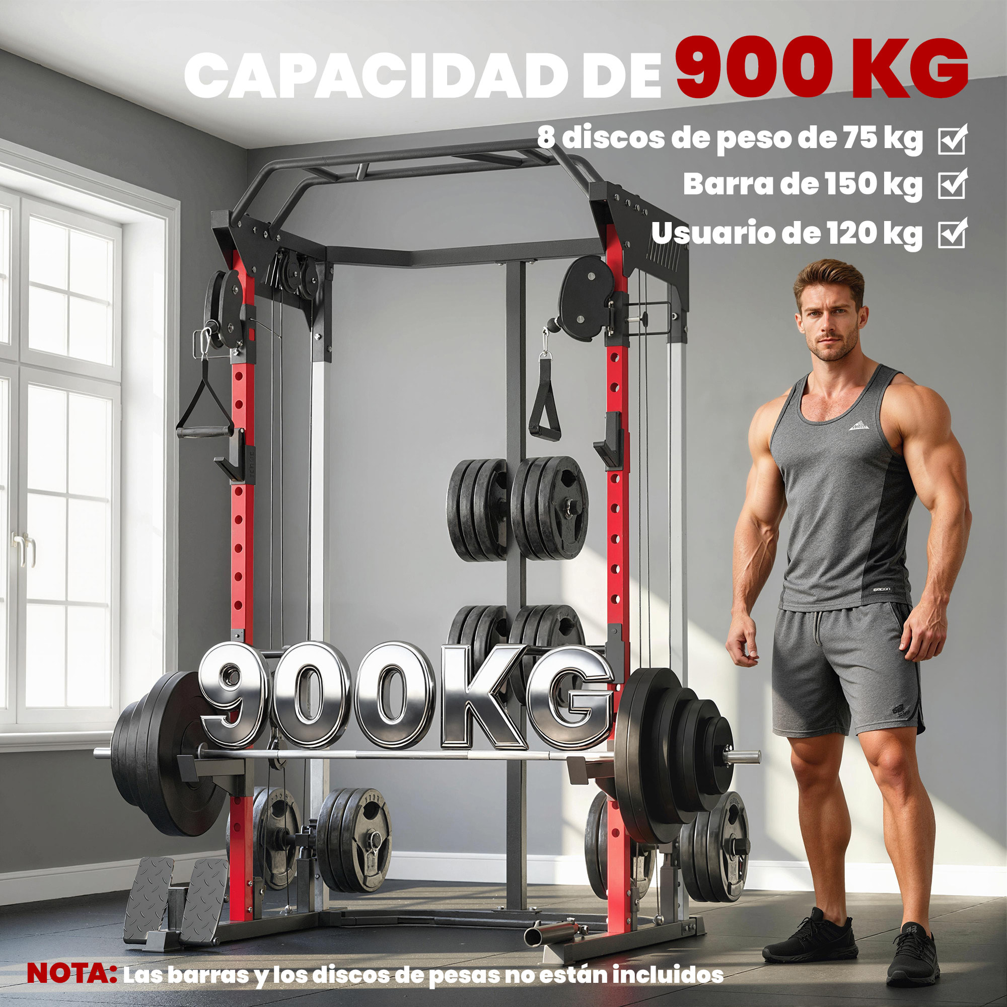 Jaula de Potencia Musculación Smith Machine con Sistema de Poleas Ajustable, Rack para Sentadillas con Barra de Dominadas, Estación de Fondos, Soporte Barra, para Casa Gimnasio, Carga 900 kg