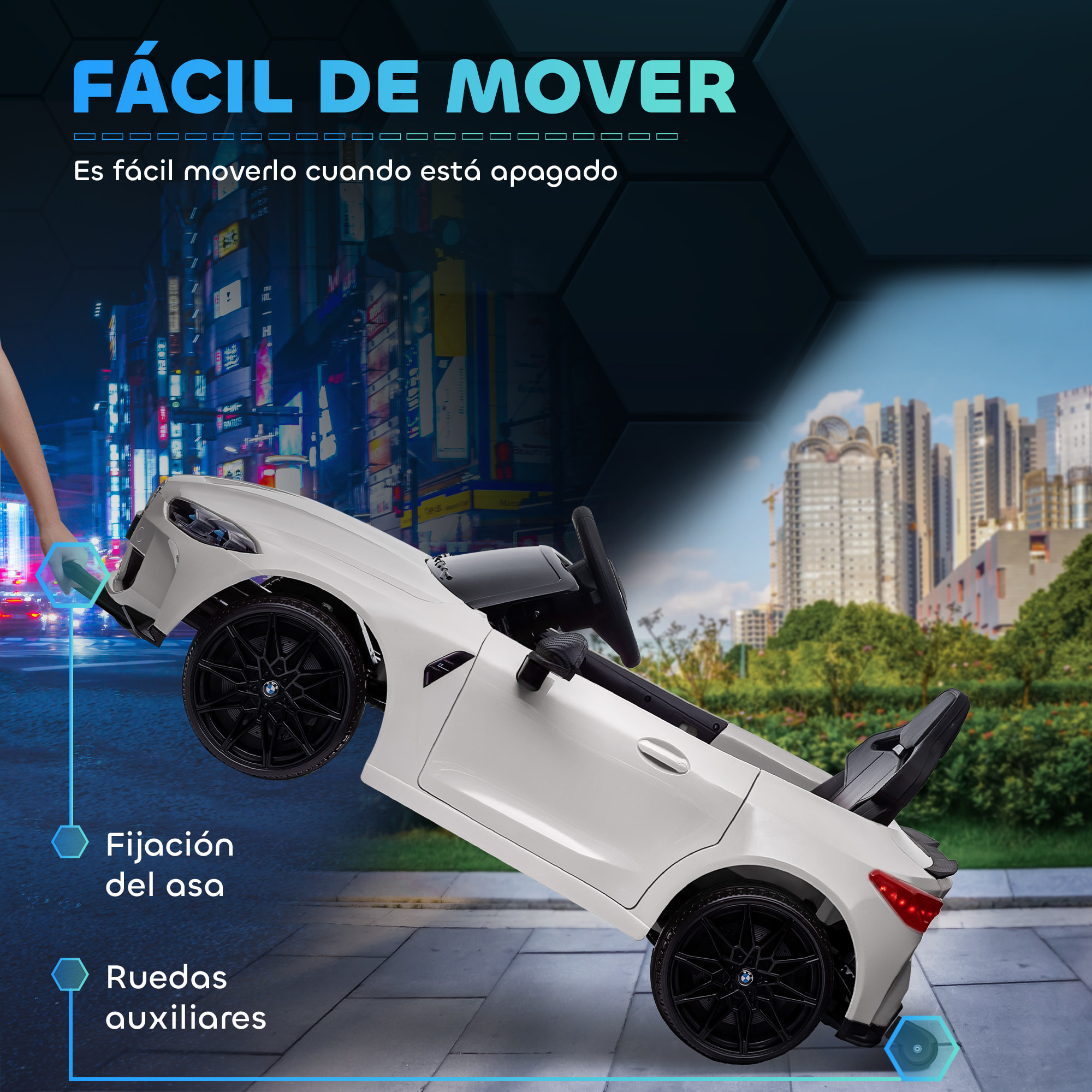 Coche Eléctrico para Niños, BMW M4, Coche de Batería 12V, con Mando a Distancia 2,4 G, Ruedas Traseras con Suspensión, Faros LED, Música, USB, Motor Doble, Blanco
