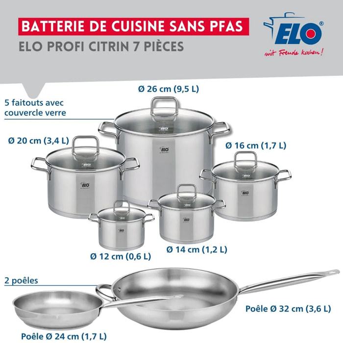 Ensemble de 2 Poêles de cuisson 24 et 32 cm et 5 faitouts 12, 14, 16, 20 et 26 cm Elo Profi Citrin