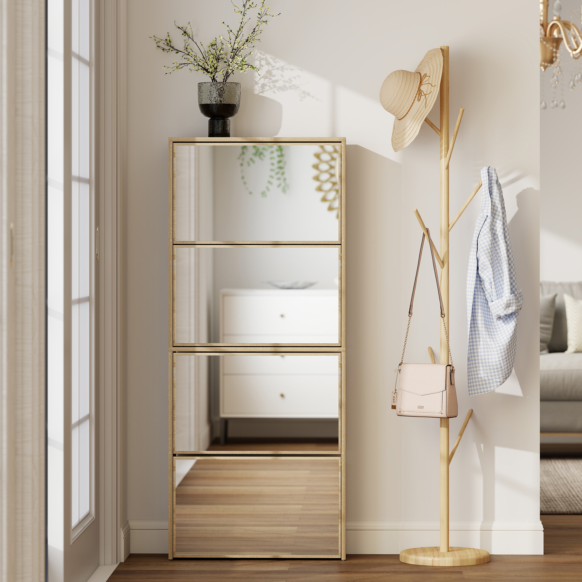 Zapatero Estrecho con Espejo, 4 Puertas Abatibles, Zapatero Entrada Recibidor para 12 Pares de Zapatos, para Pasillo, Espacios Reducidos, 63x17x146 cm, Natural