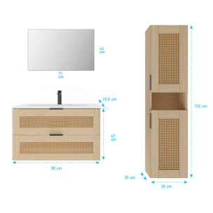 Ensemble Meuble de Salle de Bains 80 cm et Colonne - Decor Bois et Cannage - APOLLINE