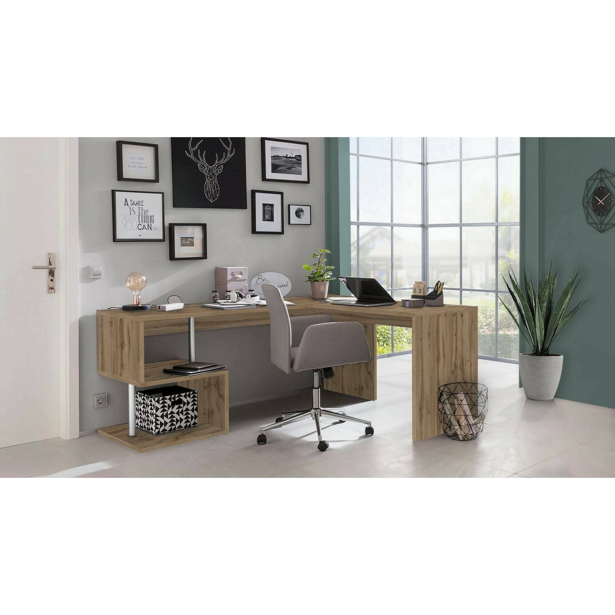 Scrivania Sasha, Scrittoio angolare porta PC, Tavolo multiuso per ufficio, Scrivania salvaspazio multiposizione, 100% Made in Italy, cm 160x60h78, Rovere