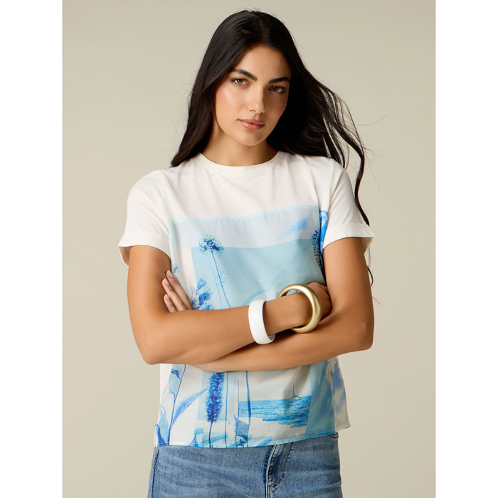 Oltre - T-shirt bimaterica con stampa - Bianco