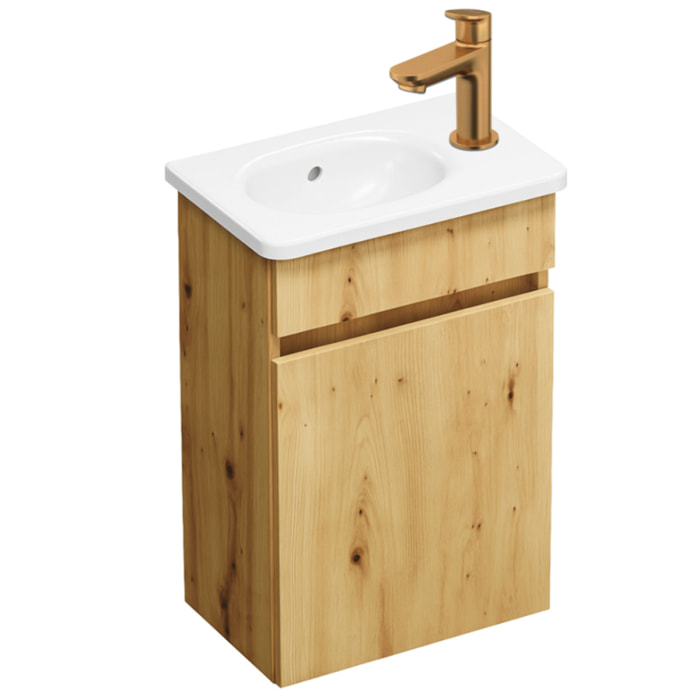 Pack meuble suspendu lave-mains Joline chêne + Robinet lave-mains eau froide Duravit Wave bronze brossé