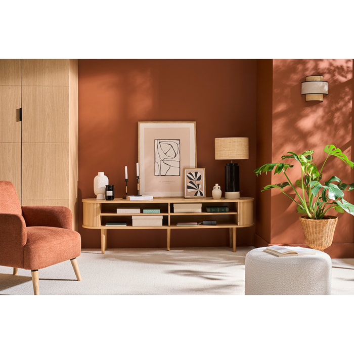 Meuble TV vintage bois clair chêne avec rangements 2 portes coulissantes L180 cm EPIC