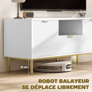 Meuble TV design doré blanc 2 portes tiroir niche piètement poignée métal