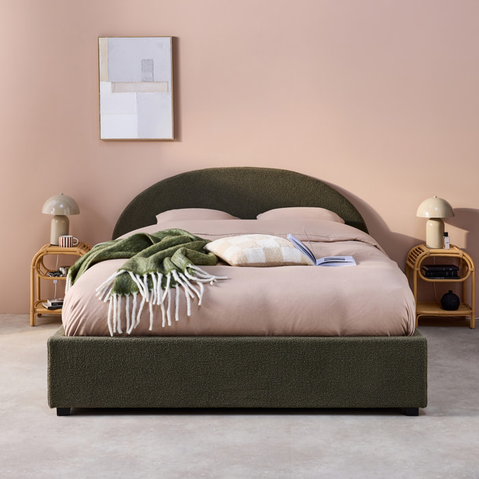 Lit coffre avec sommier à lattes et tête de lit. finition bouclette. kaki. L 206 x P 153.5 x H 102cm