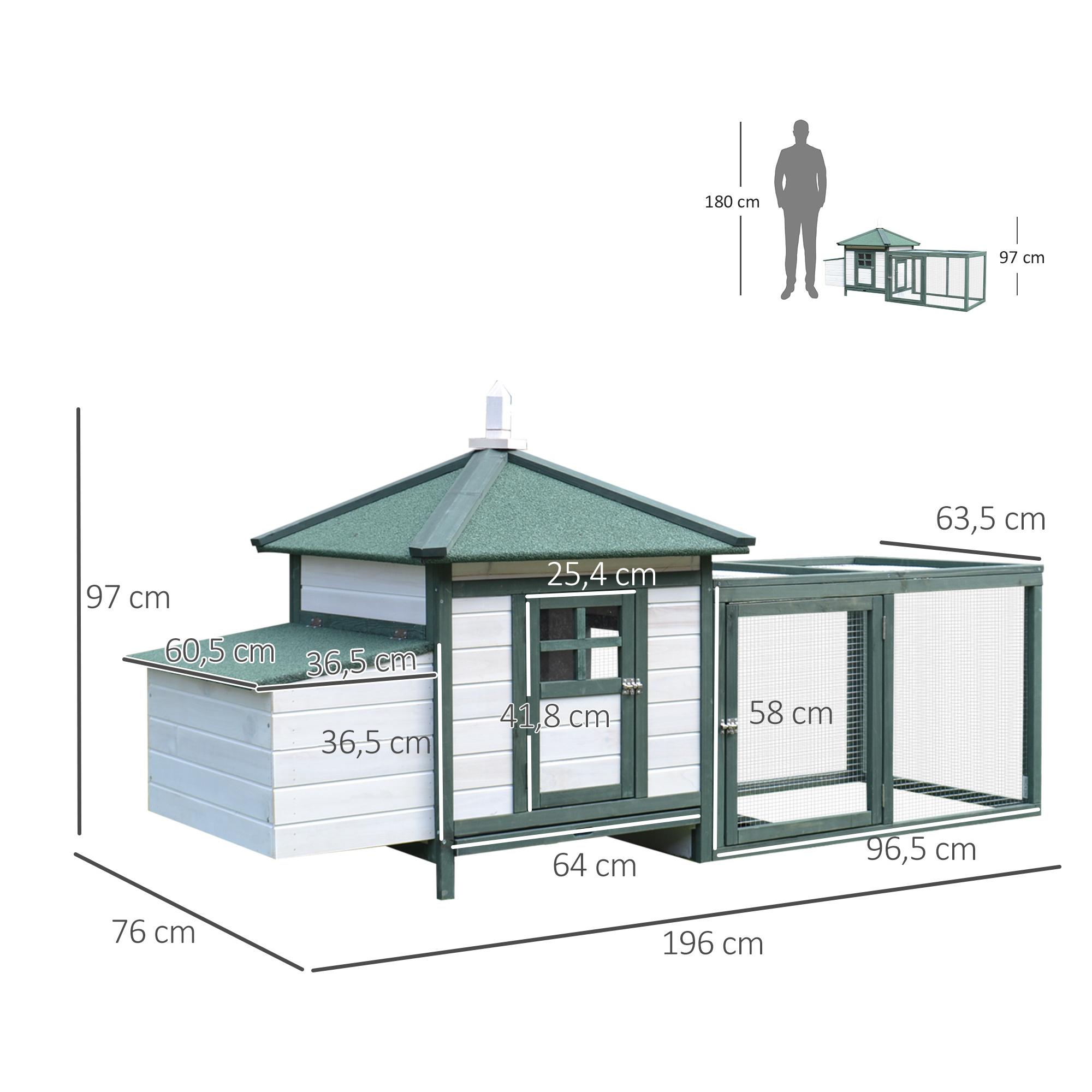 PawHut Gallinero de Madera de Pino Refugio Jaula para Gallinas Pollos Exterior con Caja Nido Bandeja Extraíble y Espacio para Correr 196x76x97 cm Verde y Blanco