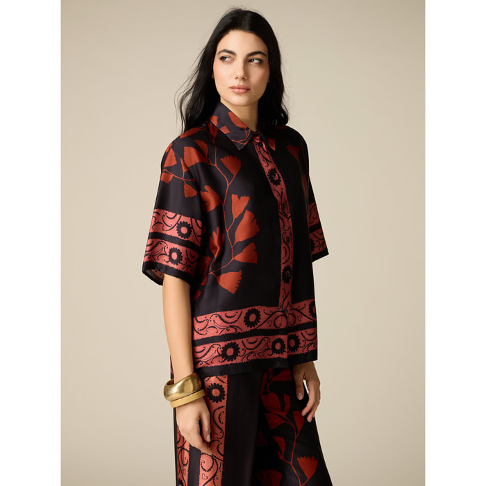 Oltre - Camicia in raso di viscosa fantasia - Nero