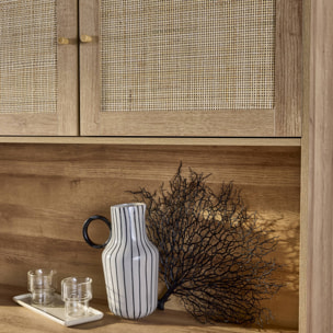 Buffet de cuisine BOHEME décor bois et cannage 4 portes 3 tiroirs 110 cm. Naturel. pieds en bois de pin revêtement papier