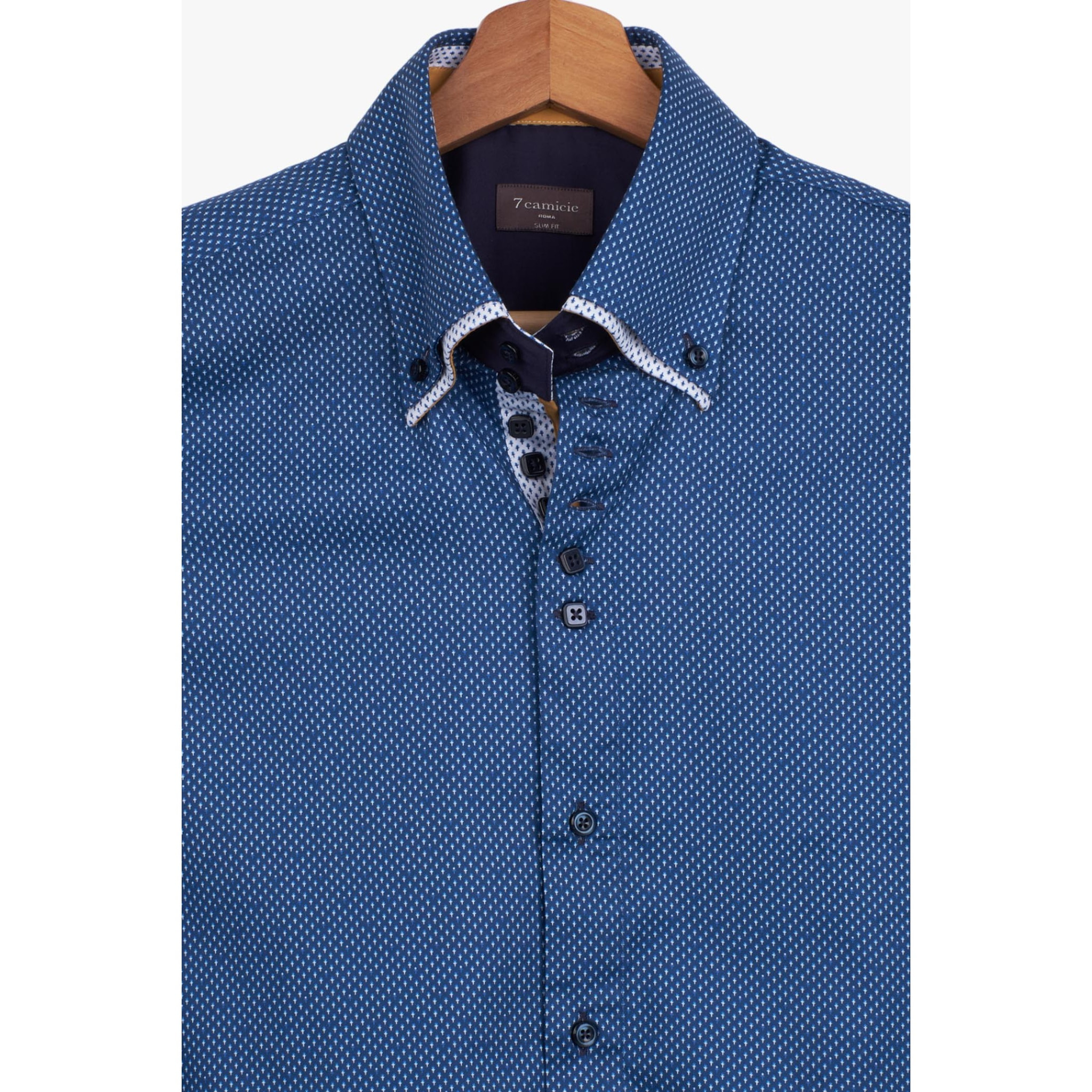 Camicia Uomo 2 Bottoni Button Down 7bottoni Doppio Coll Popeline Stampato Blu\Bianco