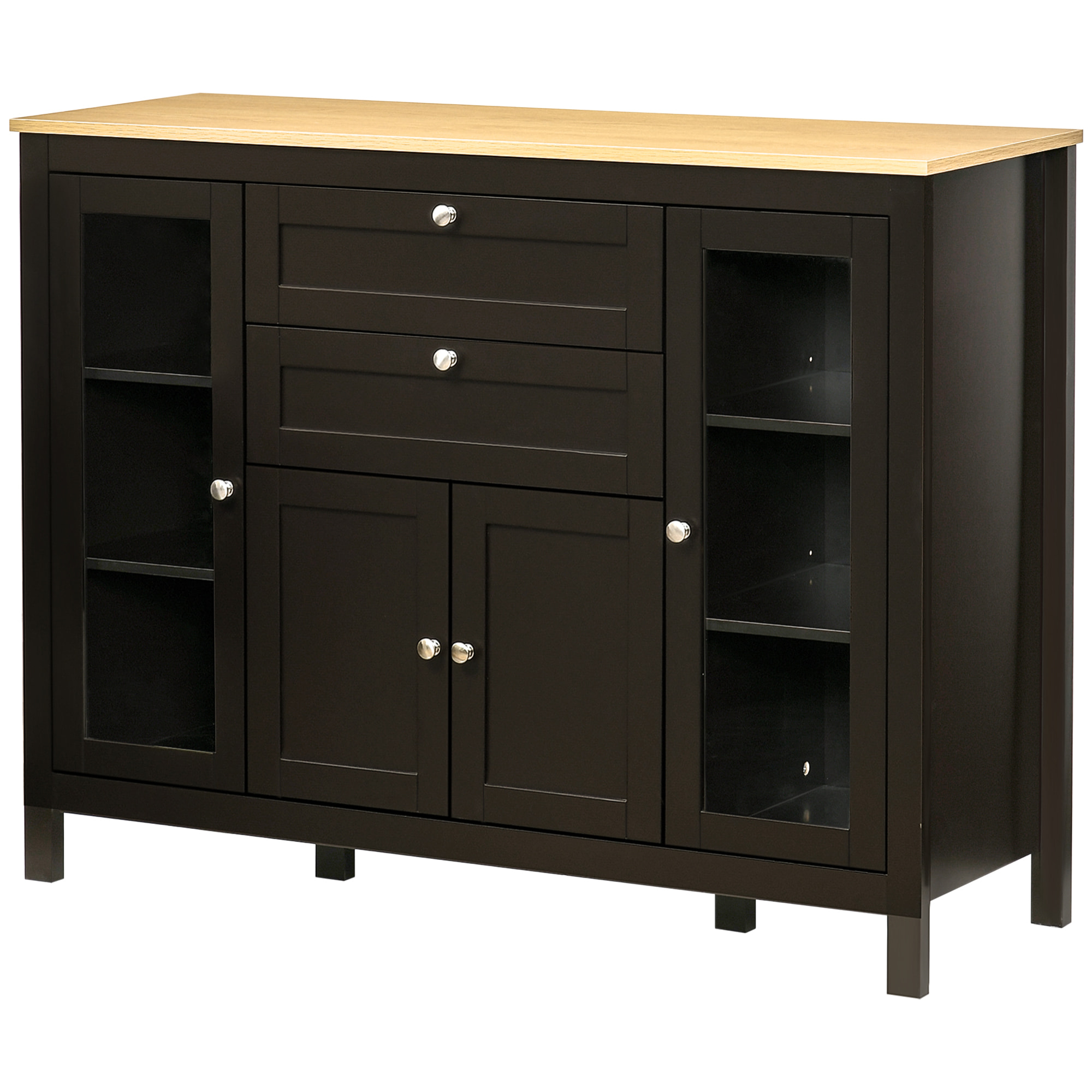 Buffet style classique chic multi-rangement 2 portes 2 étagères réglables 2 tiroirs coulissants placard 2 portes MDF noir plateau aspect bois clair