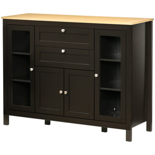 Buffet style classique chic multi-rangement 2 portes 2 étagères réglables 2 tiroirs coulissants placard 2 portes MDF noir plateau aspect bois clair