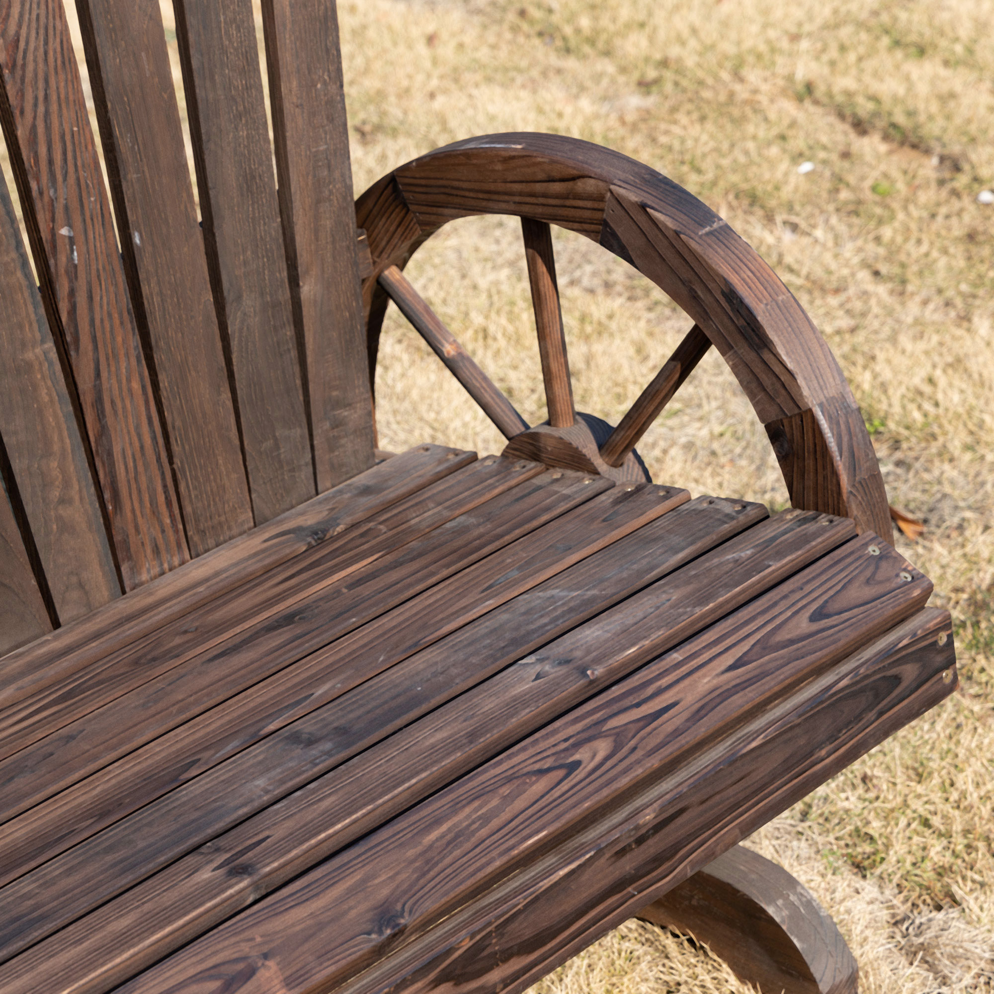 Banc de jardin 2 places Adirondack style rustique chic accoudoirs roues charette bois sapin traité carbonisation