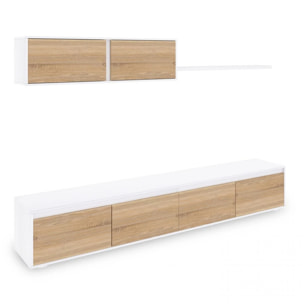 Salón con mueble de TV y estantería en blanco mate y roble canadian 200 cm Arlet Blanco Artik (Blanco Mate) - Roble Canadian