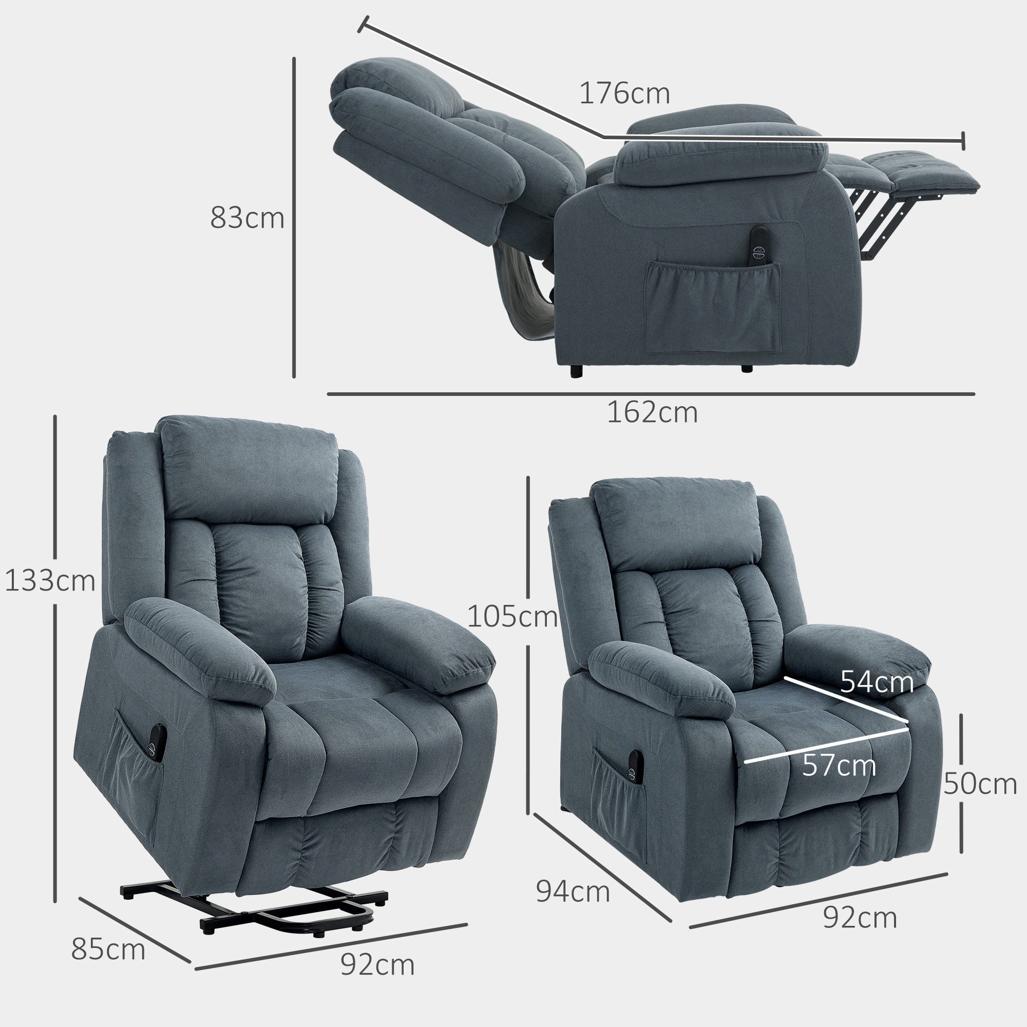 Sillón Relax Reclinable Eléctrico Levanta Personas, con Puerto USB, Sillón Elevador, con Control Remoto, Asiento Ancho, Reposapiés, Tapizado en Terciopelo, Bolsillos Laterales, Gris