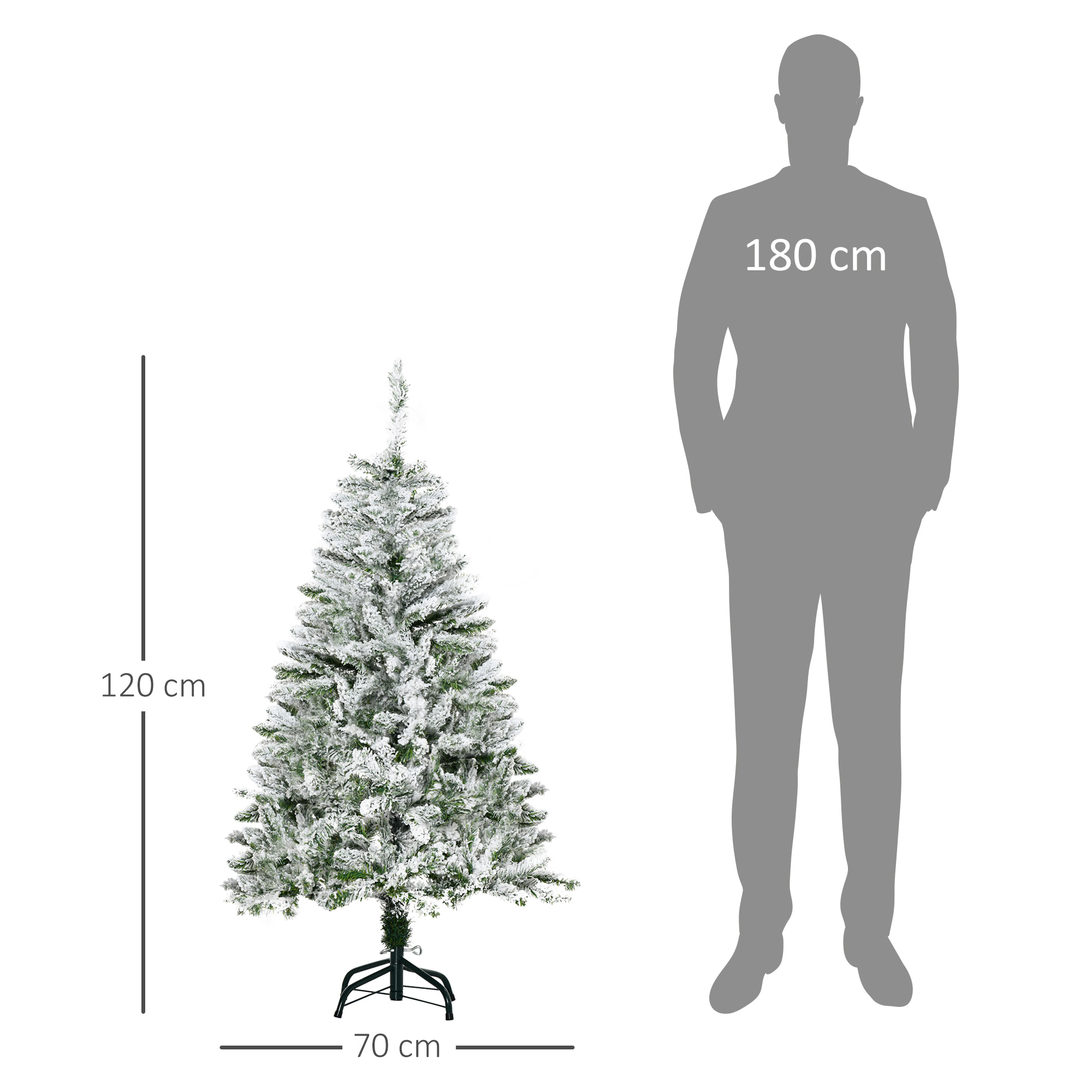 Árbol de Navidad Artificial 120 cm con Nieve Ignífugo con 200 Ramas Apertura Automática Base Plegable y Soporte Metálico Decoración Navideña para Interiores Verde