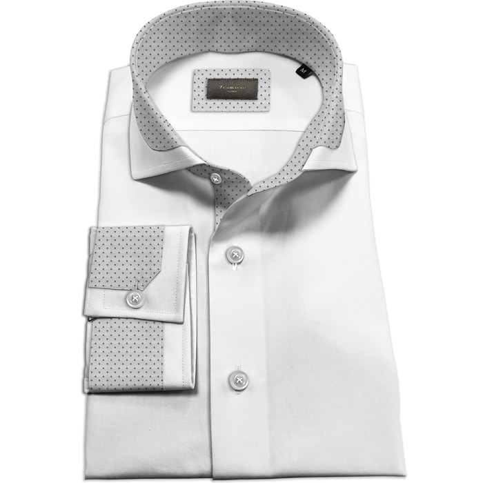 Camicia Uomo 1 Bottone Francese Contrasto sul Collo Popeline Stretch Unito Bianco