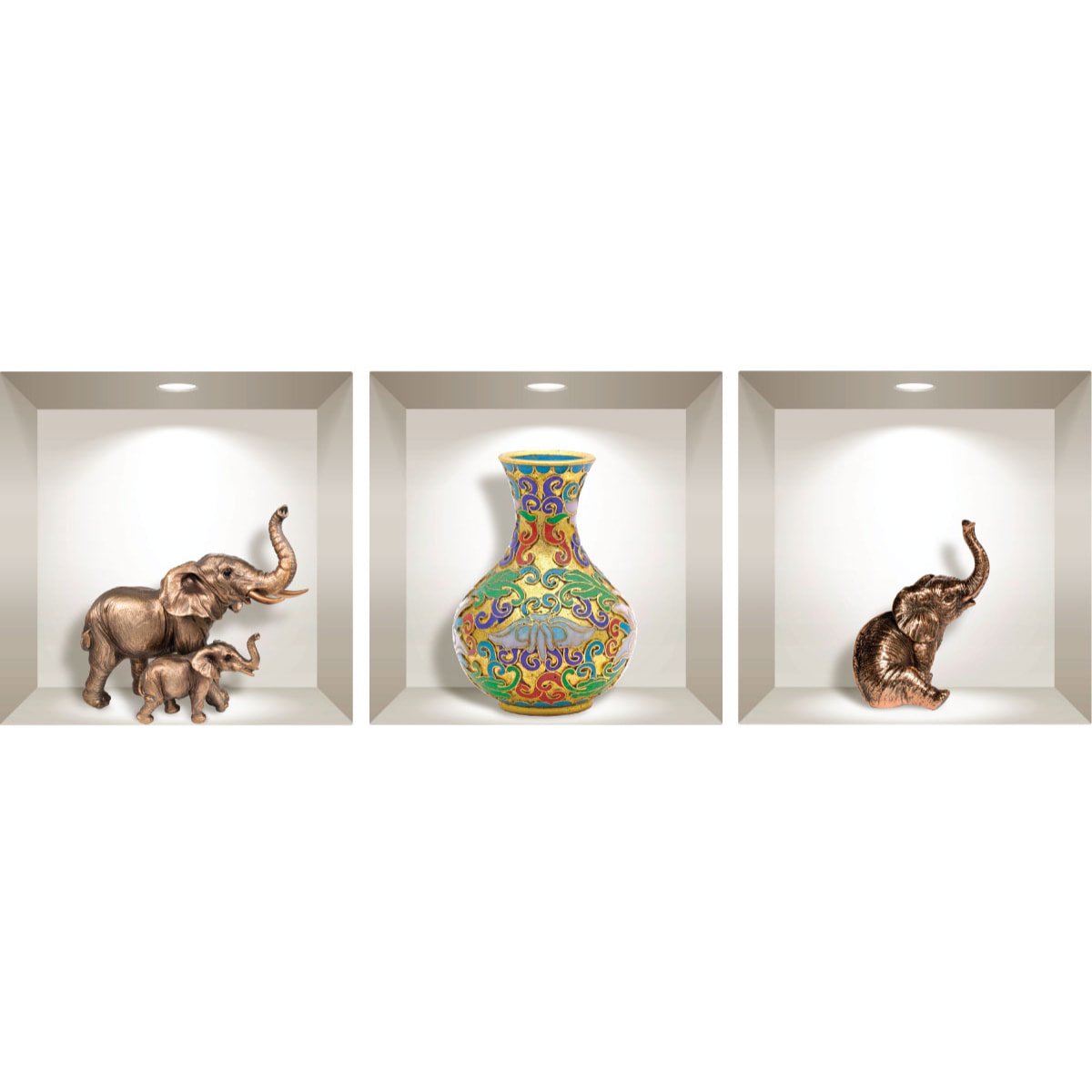 Stickers muraux 3D | Sticker Mural Autocollant effet 3D éléphants et vase ancien - Stickers adhésifs 3D Chambre Salon Trompe l'oeil