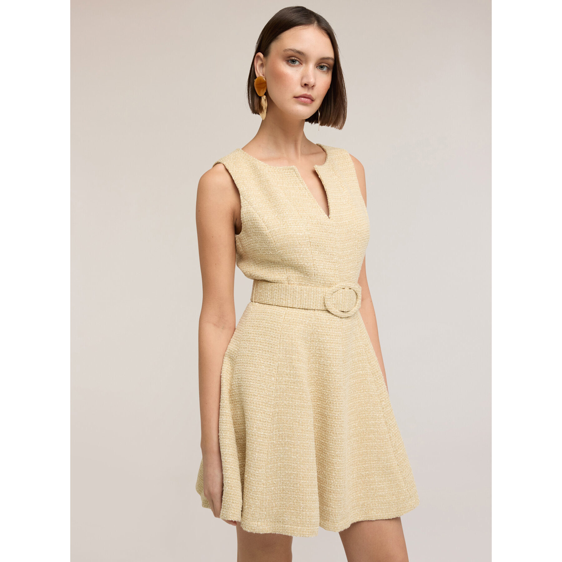 Motivi - Vestito flare in tessuto bouclé con cintura - Giallo