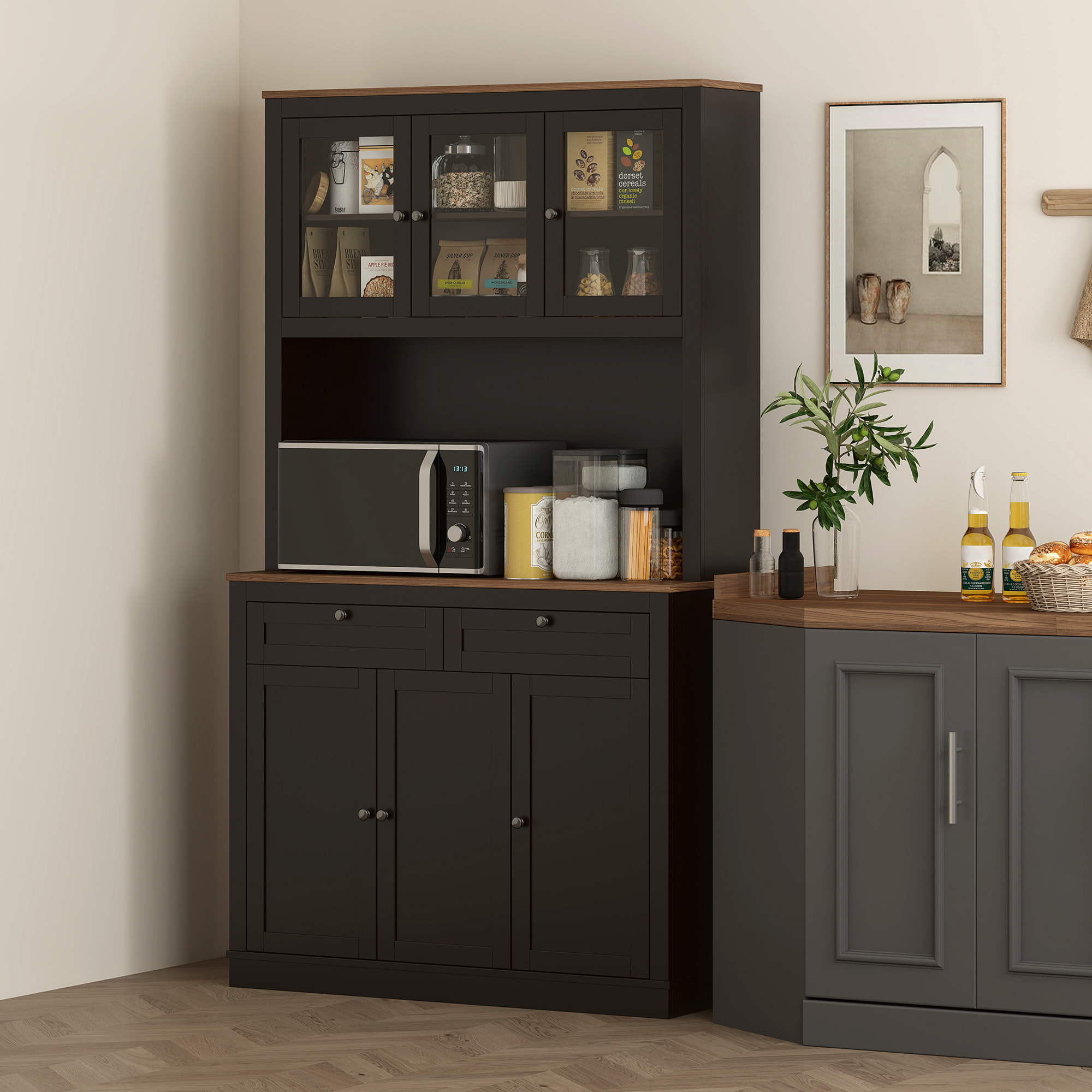 Buffet haut cuisine vitrine - 6 portes, 2 tiroirs, plan de travail - dim. 100x40x180cm - noir effet bois noyer