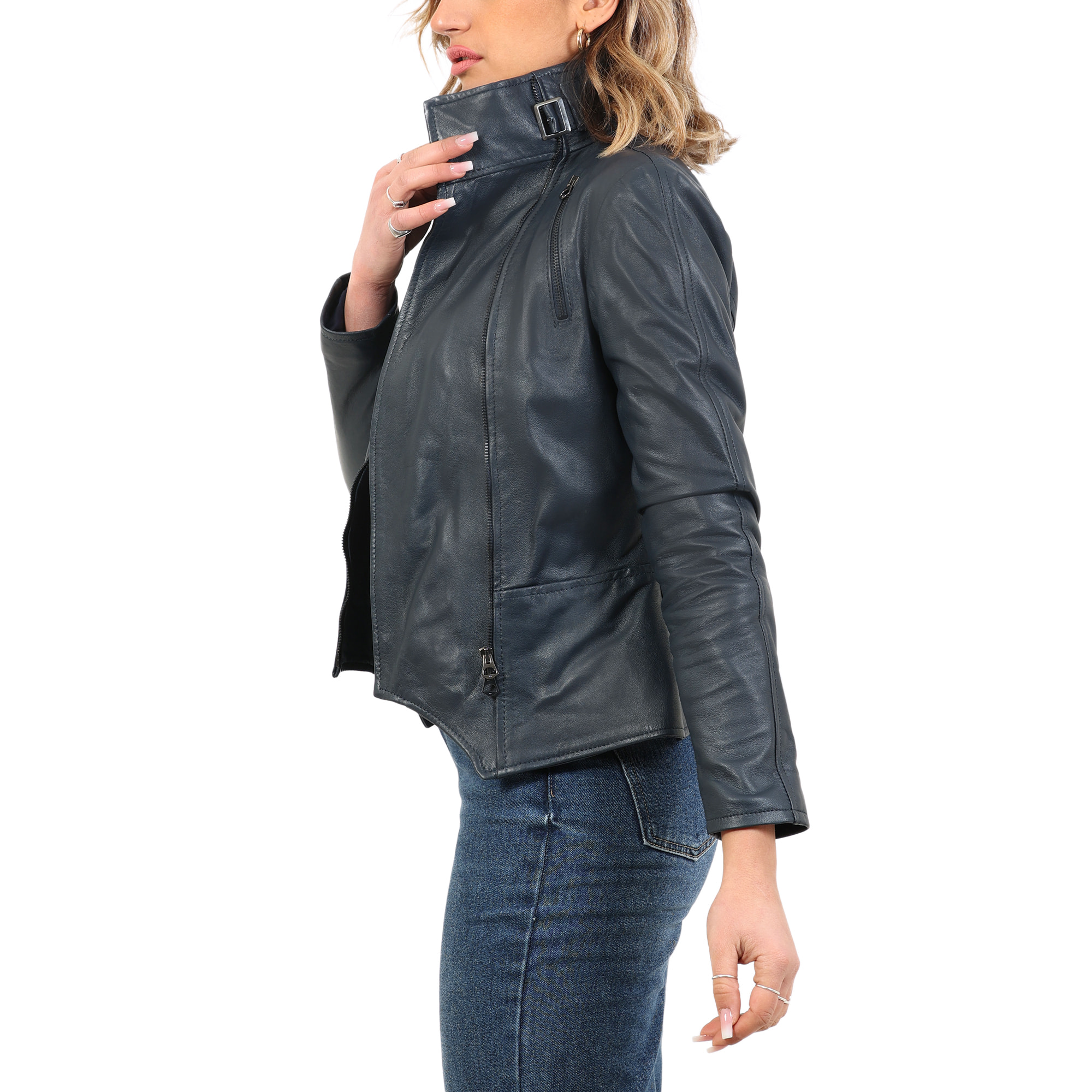 Giubbino in vera pelle di vitello Blu-Slim Fit