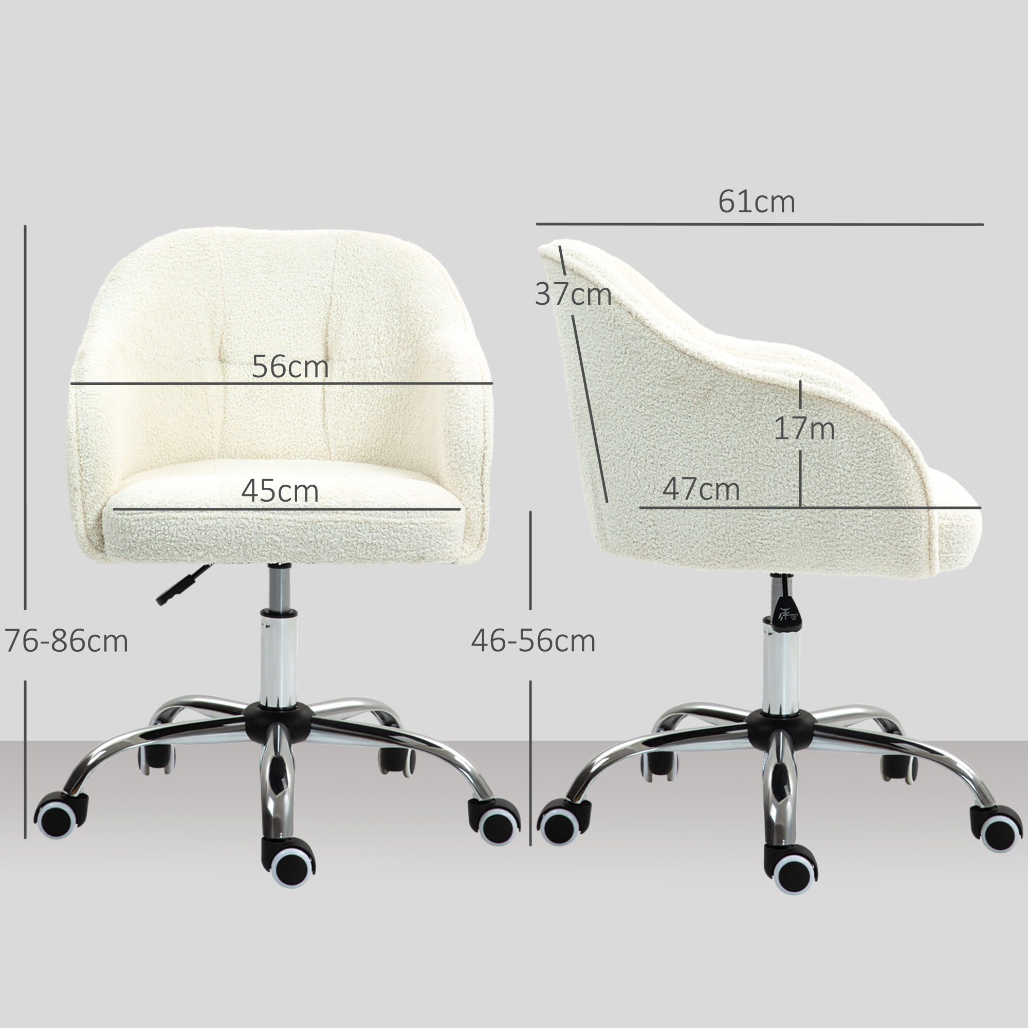 Chaise de bureau tissu bouclette design hauteur réglable pivotante piètement acier crème