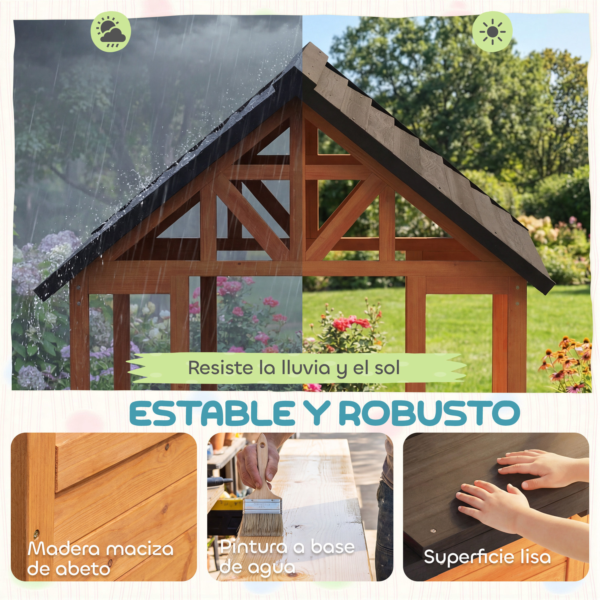 Casita Infantil Exterior e Interior de Madera, Casita Infantil con Barra de Snack y Bancos, Mesa Lateral, Fregadero, Maceteros, Ventanas, Casa de Jardín para Niños de 3-8 Años, Marrón Claro