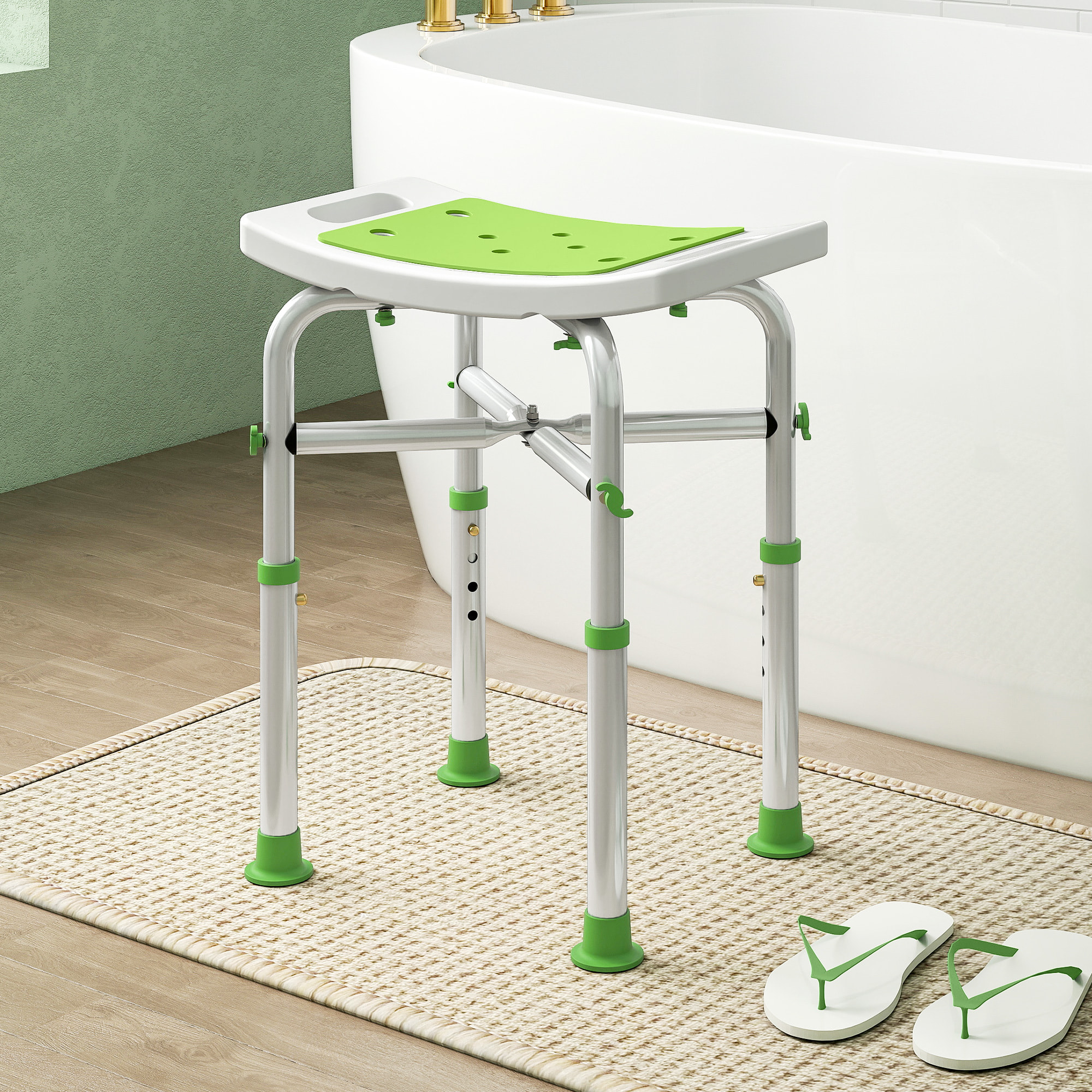 Siège de douche réglable en hauteur tabouret de douche ergonomique pieds antidérapants charge max. 150 Kg alu HDPE blanc vert