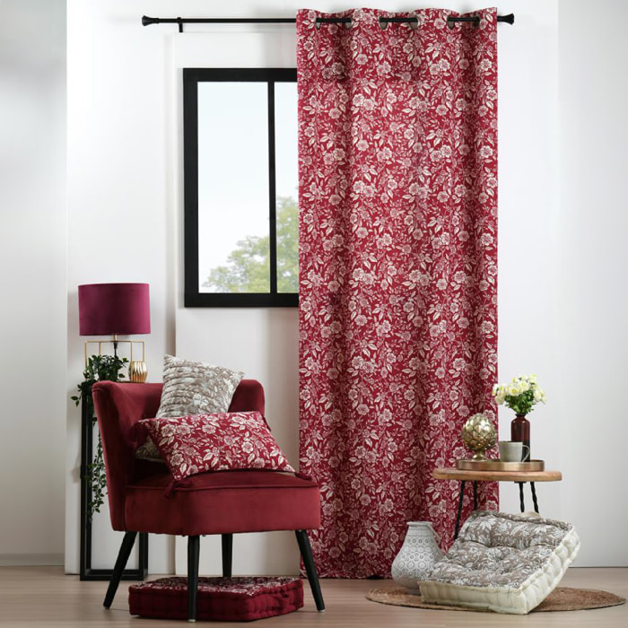 Rideau à oeillets motif fleurs - Rouge