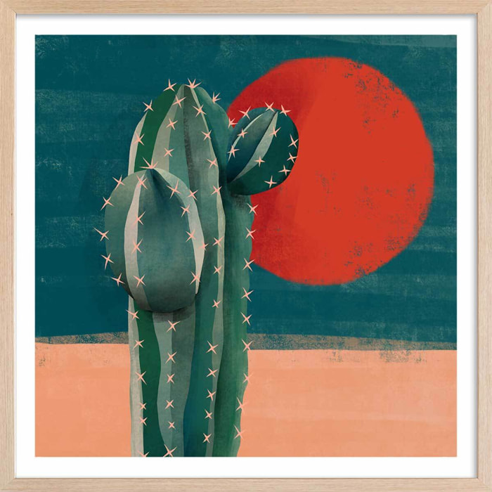 Affiche illustration cactus et soleil rouge Affiche sous cadre bois