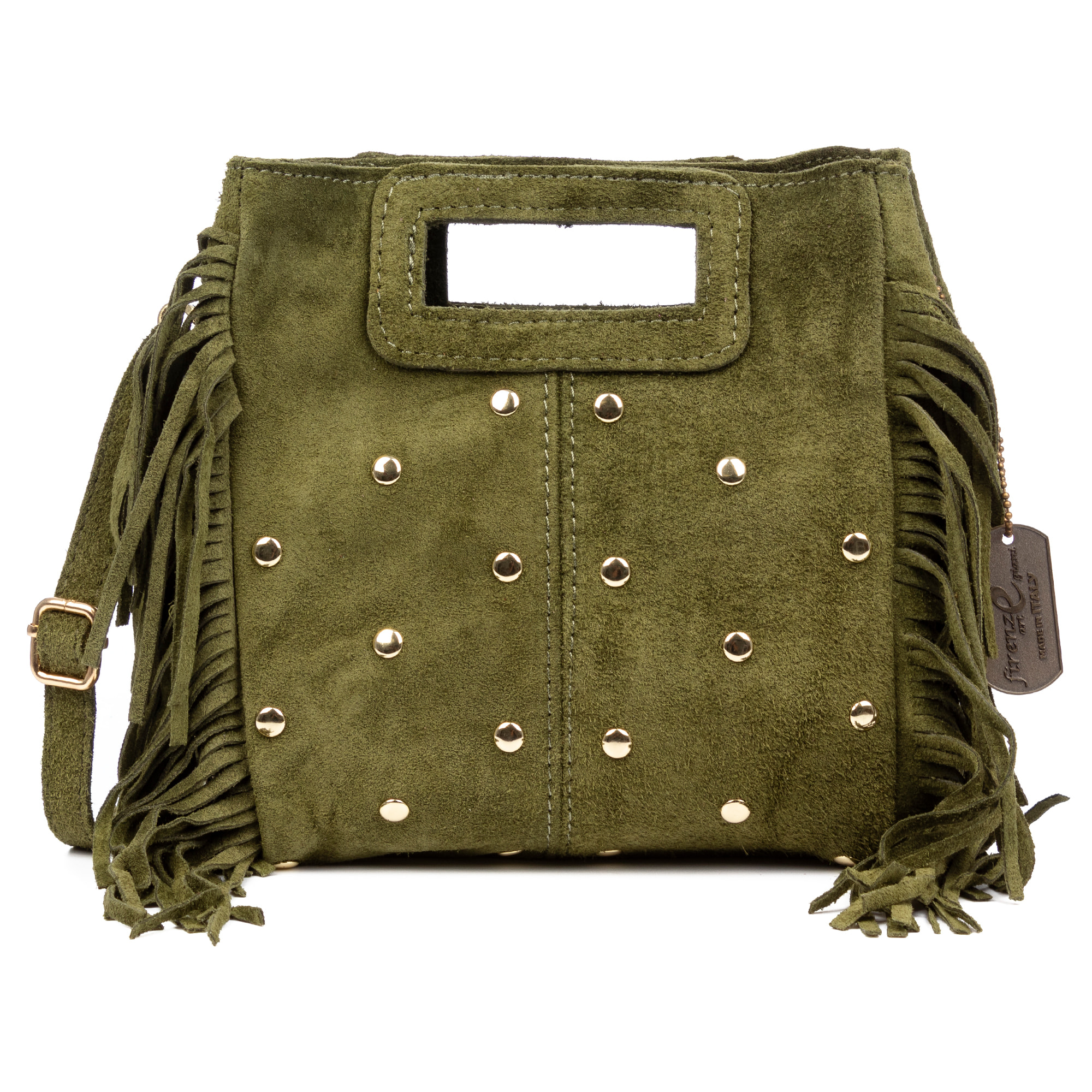 Barbata borsa a tracolla donna. Pelle scamosciata autentica con borchie decorative.