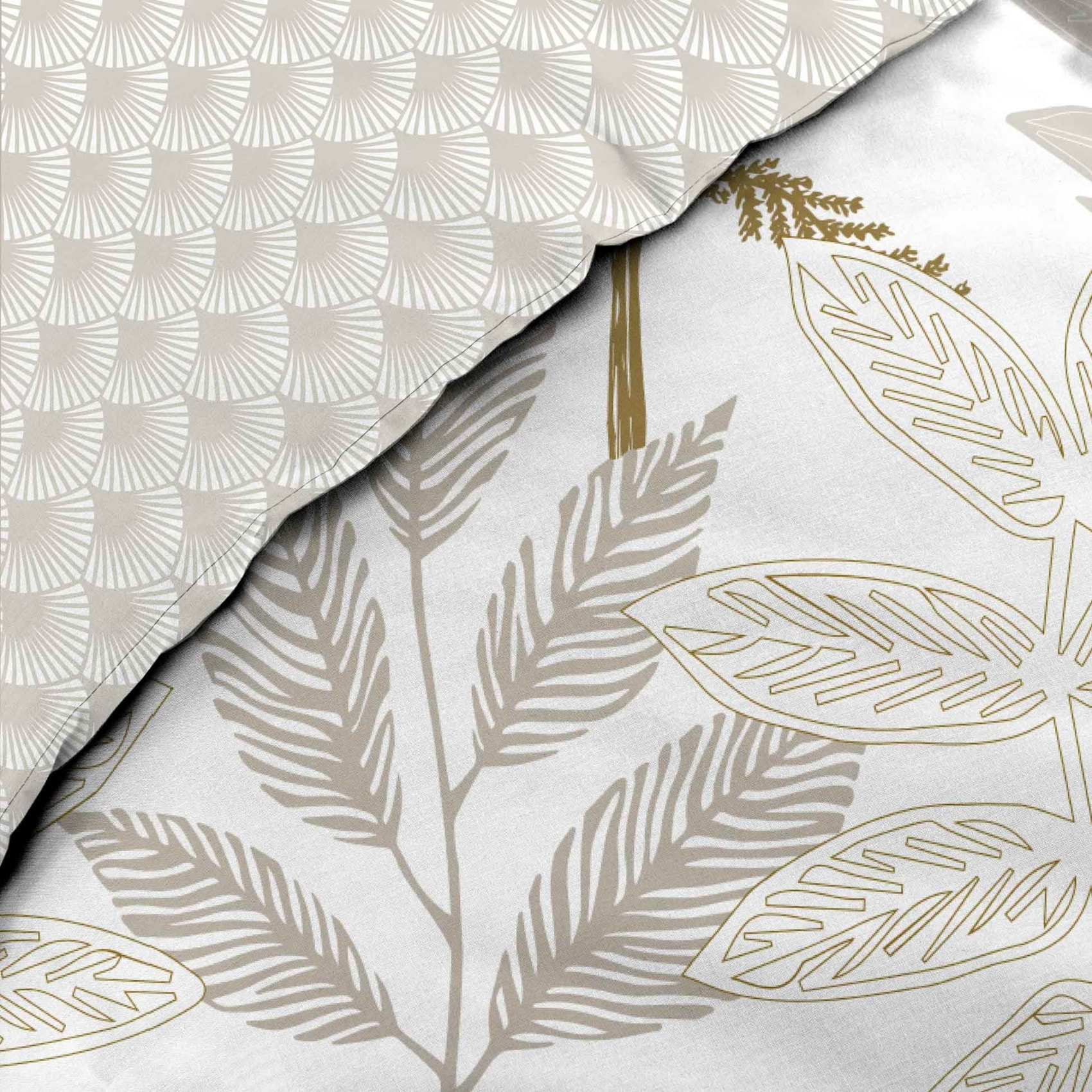 Parure de lit coton motif feuillage double face imprimée - Naturel
