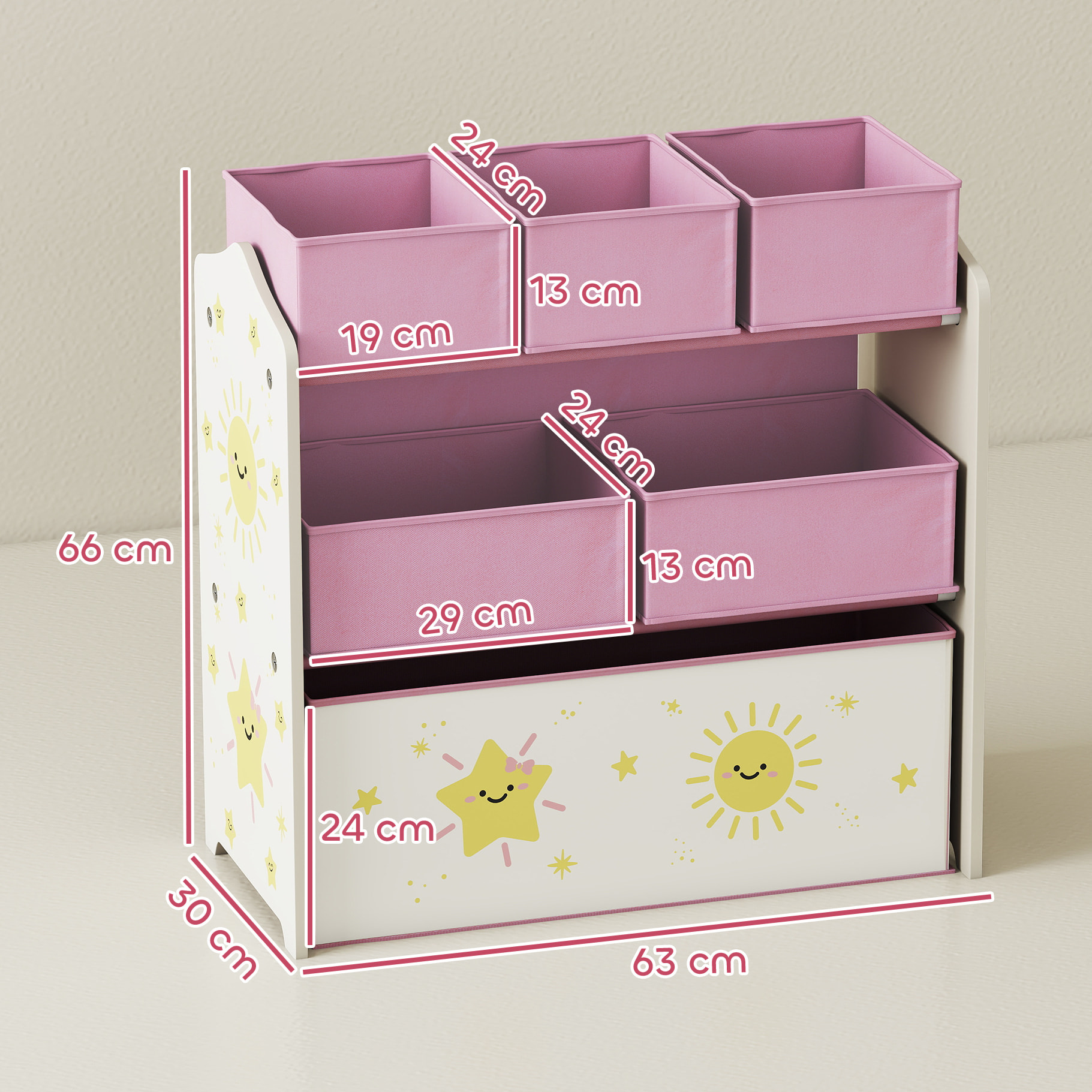 Étagère de rangement enfant design étoile soleil - 6 tiroirs en tissu - MDF - rose