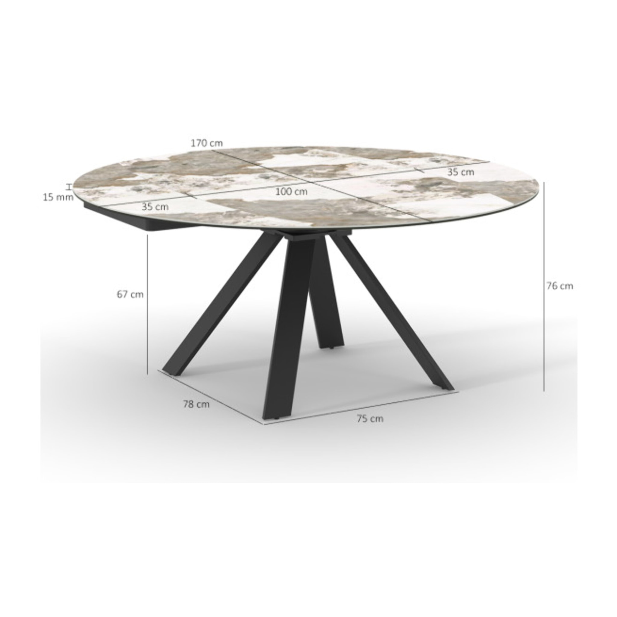 Table de repas extensible ronde 100 à 170 cm céramique marbré - ALICANTE