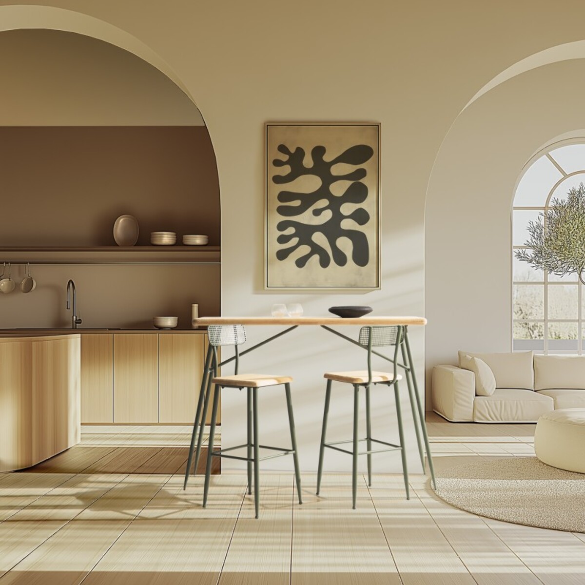 HELENA - Ensemble 1 bar + 2 tabourets en bois de pin et métal vert