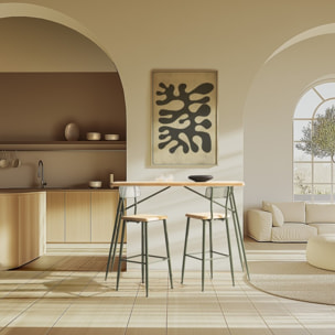 HELENA - Ensemble 1 bar + 2 tabourets en bois de pin et métal vert