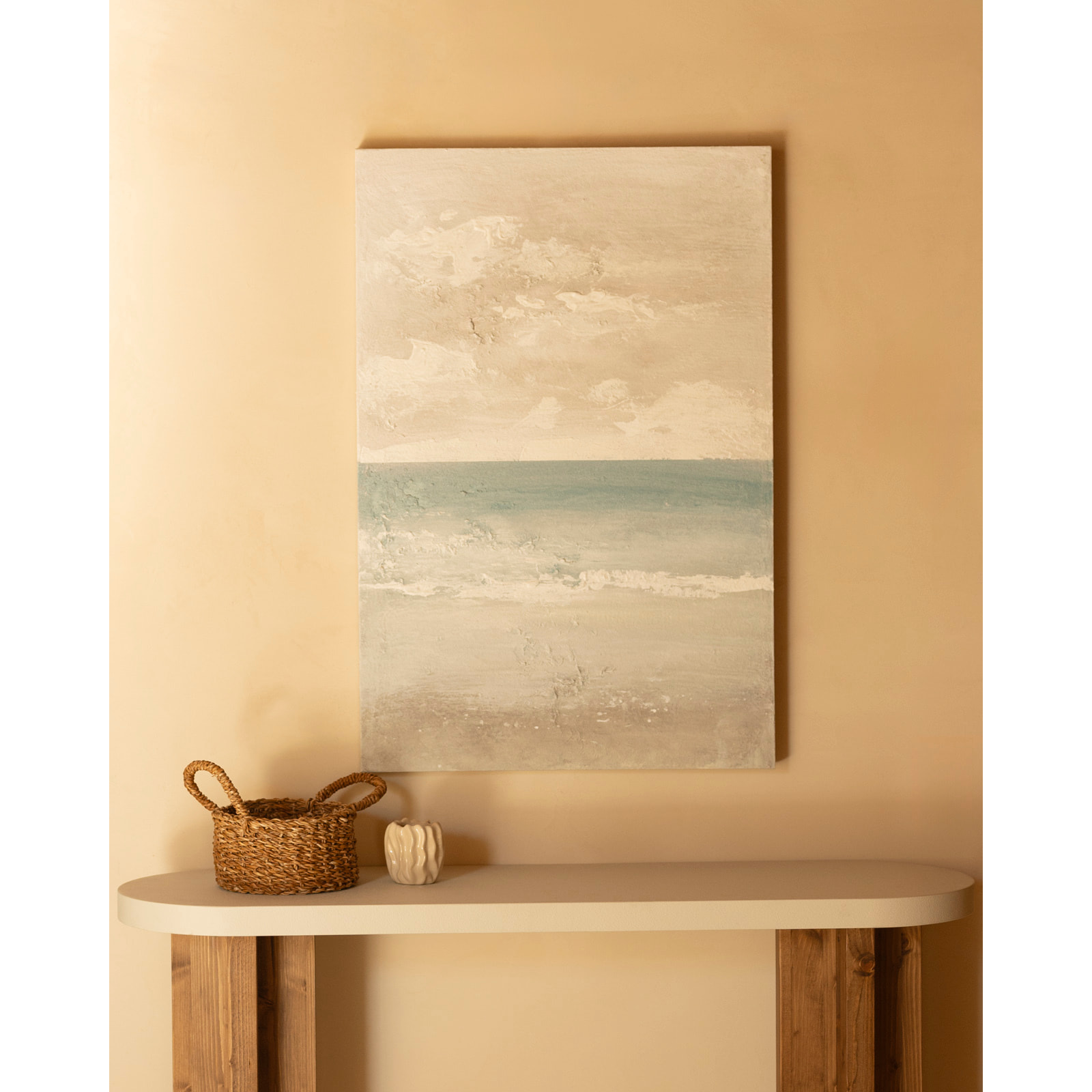 Cuadro beige y azul decorativo sobre algodón con bastidor de madera pintado a mano con pintura al óleo de varias medidas