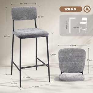 Lot de 2 tabourets de bar style vintage assise large dossier haut acier noir tissu chenille gris