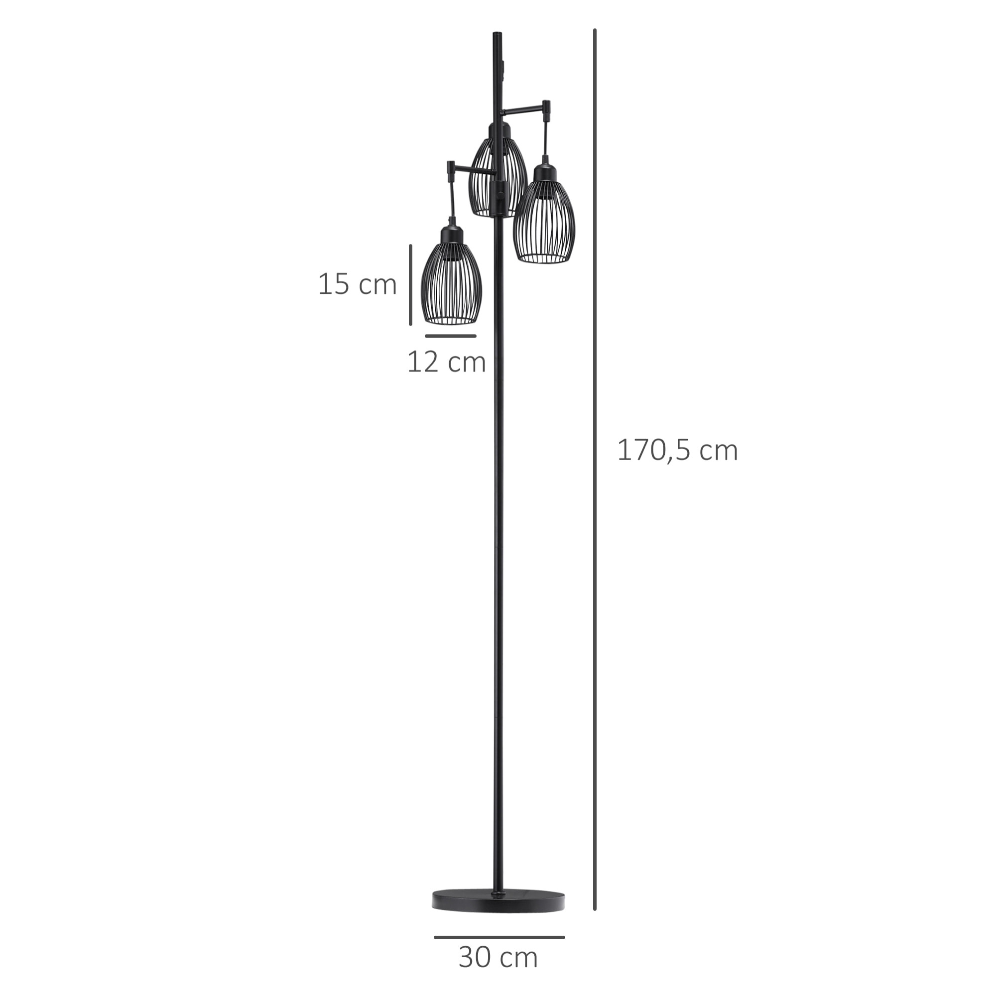 Lampadaire design industriel 3 têtes 40 W max. luminosité réglable métal filaire acier noir