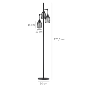 Lampadaire design industriel 3 têtes 40 W max. luminosité réglable métal filaire acier noir