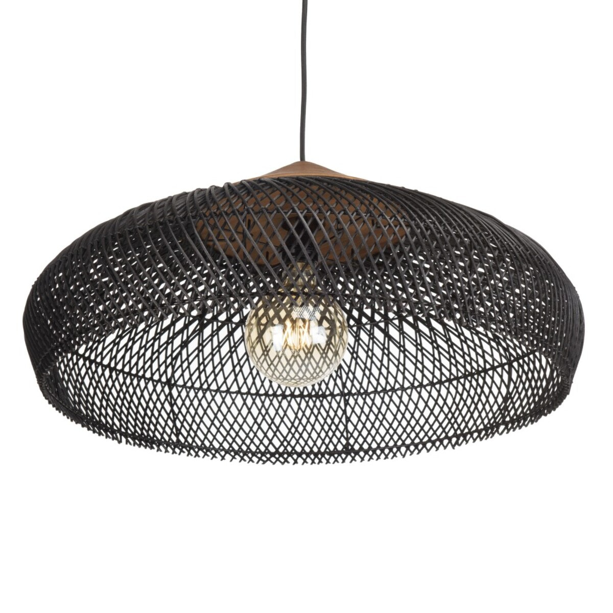 SIXTINE - Suspension 65x65cm en rotin couleur noire et teck recyclé