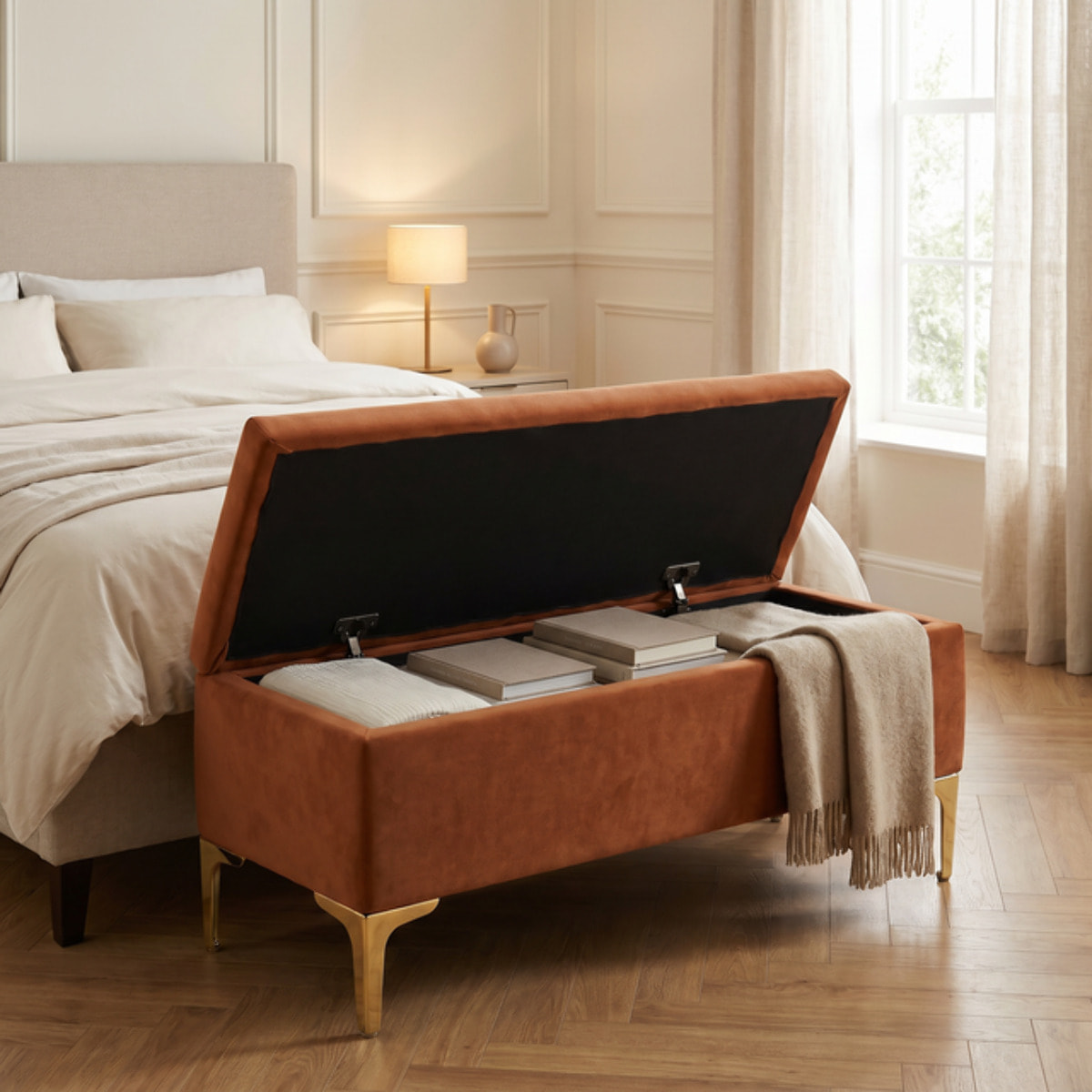 Panca Contenitore in Effetto Velluto con Ampio Vano Portaoggetti, Seduta Imbottita e Gambe in Acciaio, Design Moderno per Camera da Letto, Ingresso e Soggiorno