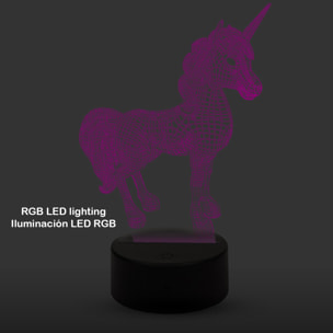 Lampada ambientale effetto 3D, design Unicorn. Luci RGB intercambiabili, con effetti e telecomando.